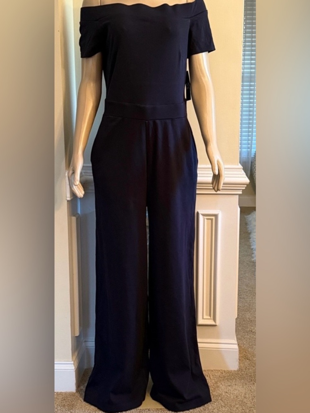Womens navy blue off the shoulder jumpsuit by New York & Company. NWOT